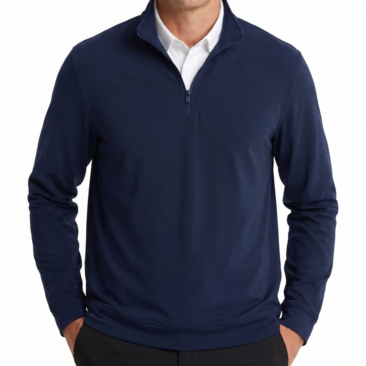 Navy quarter zip with the white polo collar built in, worn