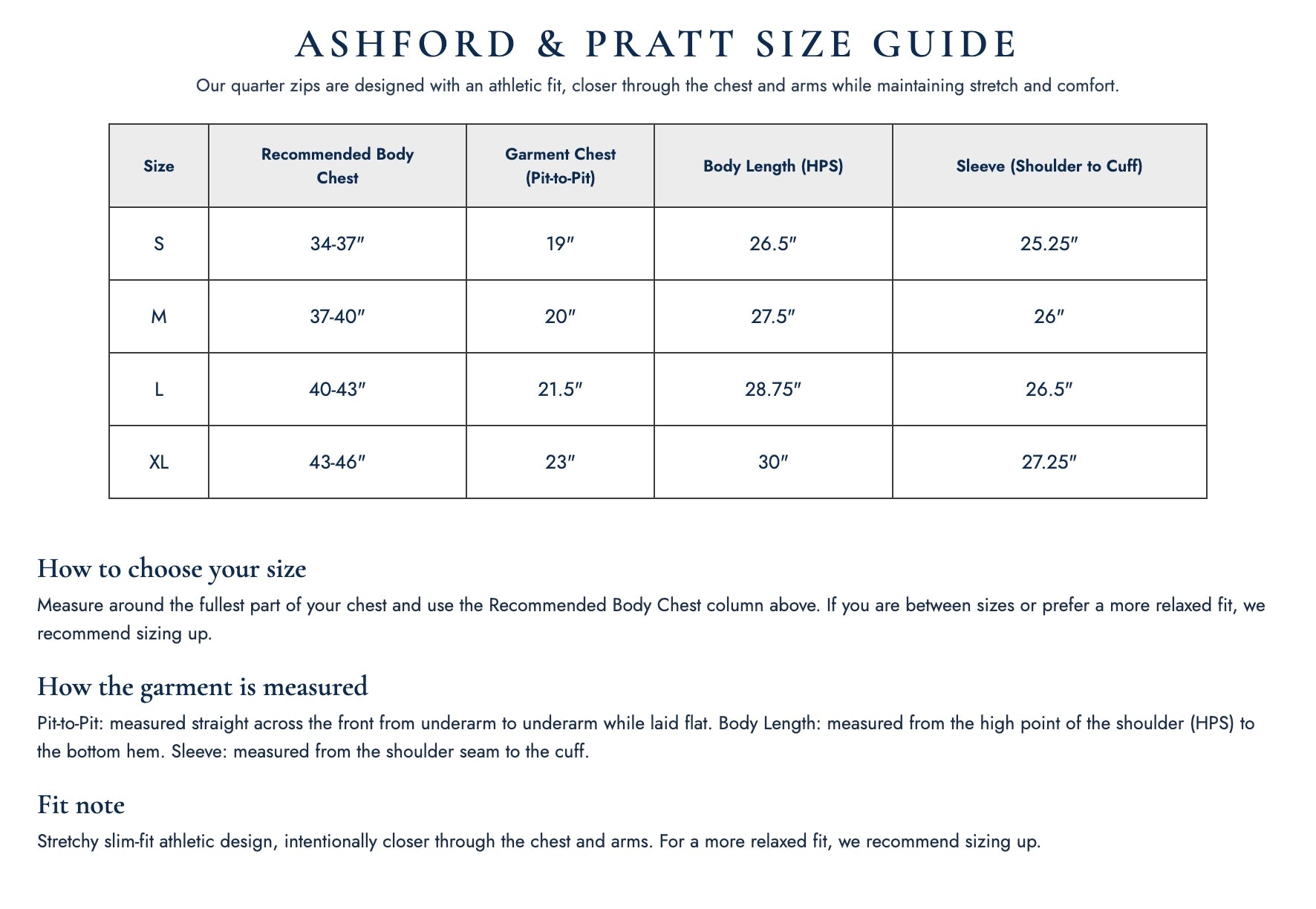 Ashford & Pratt size guide