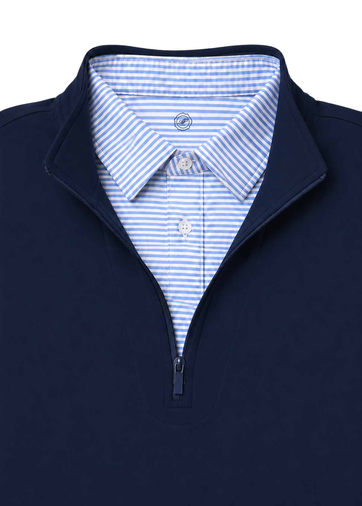 Ashford & Pratt quarter-zip, navy with light blue striped collar